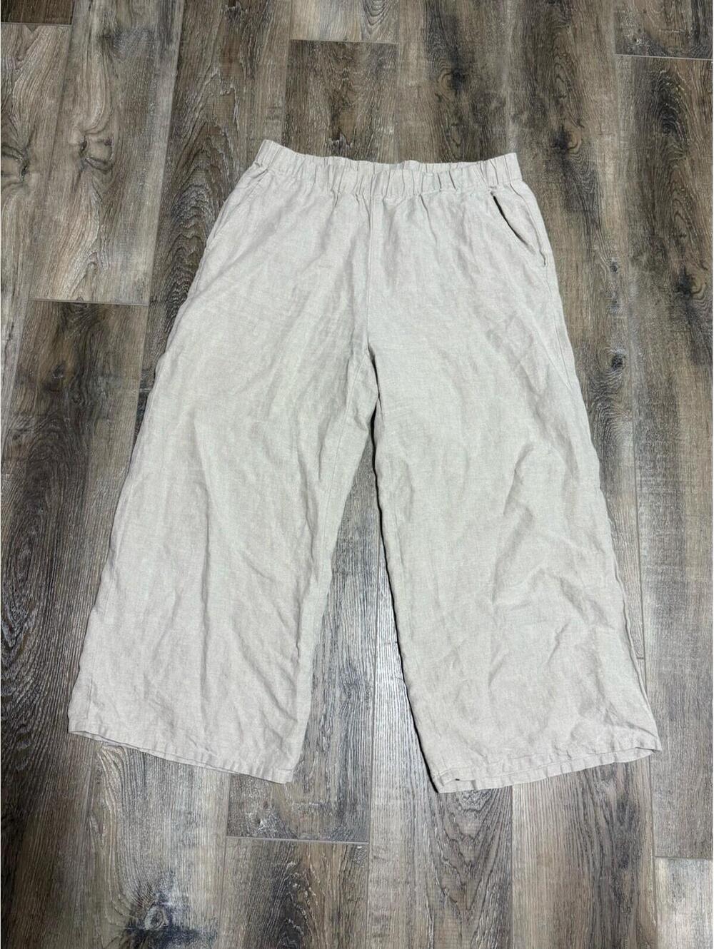 Eileen Fisher Organic Linen Wide Leg Pants Natural Beige L  Minimalist
